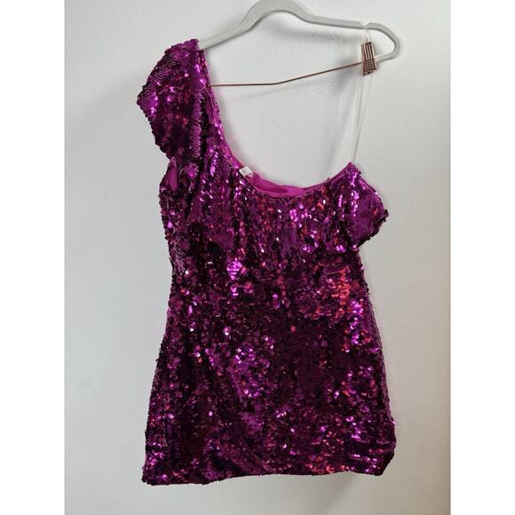 Leith Magenta Sequin One Shoulder Dress Glam Party Sparkle Coquette Maximalist M - Picture 5 of 7